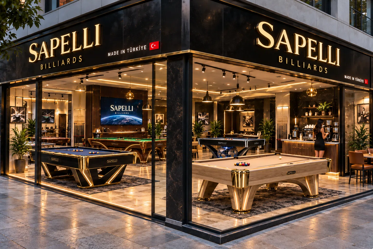 Architectural concept illustration of the planned Sapelli showroom with billiard tables