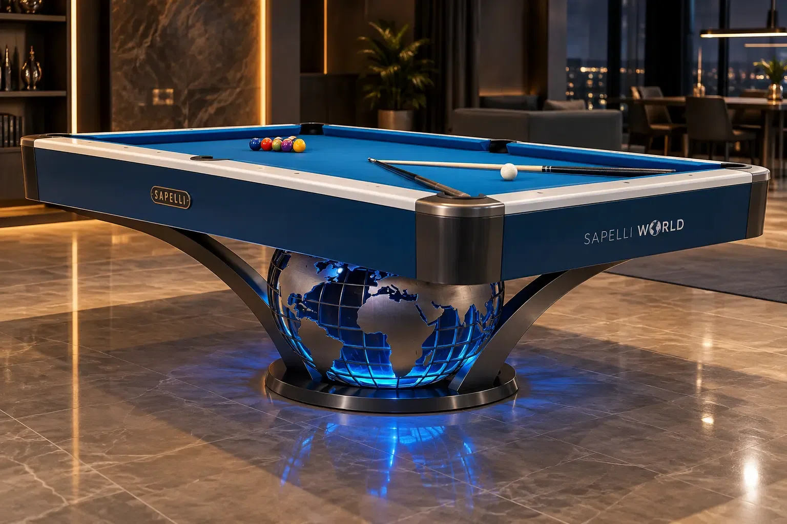 Original Sapelli's World billiards table with illuminated world-globe base